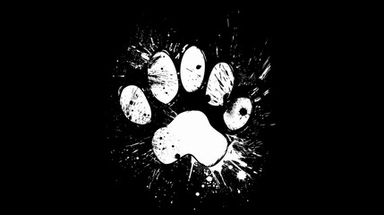 Simple white futuristic logo of a kitten paw print with a subtle paint splatter effect on black background. 2d illustration - obrazy, fototapety, plakaty
