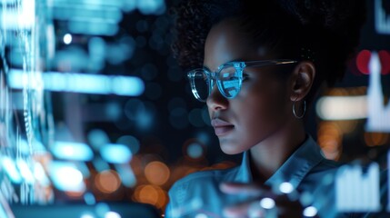 Futuristic software and hardware , coding hologram, serious concentrated attractive woman thinking about data analytics, digital technology. Programmer programming cybersecurity research and IT