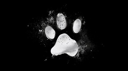 Simple white futuristic logo of a kitten paw print with a subtle paint splatter effect on black...