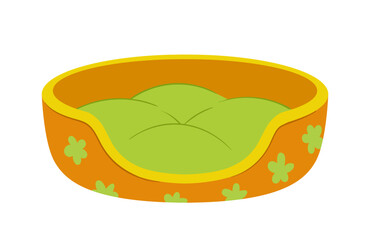 Pets goods set. Items from veterinary shop. Green pillow for cats. Pack for care about domestic animals. Sticker for social media. Cartoon flat vector collection isolated on white background