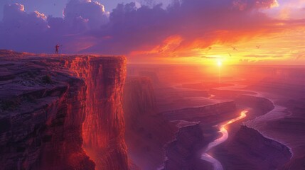 A lone traveler stands on the edge of an ancient cliff with his arms spread wide. The sun sets, turning the sky orange and purple.