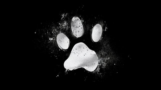 Simple white futuristic logo of a kitten paw print with a subtle paint splatter effect on black background. 2d illustration