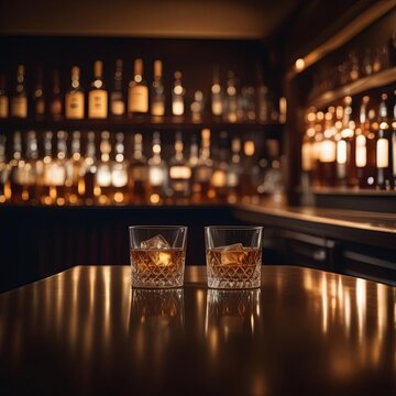 Two glasses with whiskey on the bar counter of the restaurant. Illustration by Generation AI.