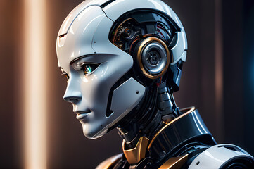 Humanoid robot, android, face, close-up, in profile, on abstract background.