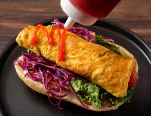 Hot Dog Barbecue Grilled with Yellow Mustard and Ketchup, minimal close up. Hot dog freshly baked on plate, homemade. Grocery product advertising, menu or package, selective focus.