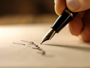 Close-up of a hand writing with a fountain pen on plain paper.