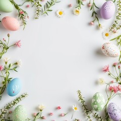 Delicate Easter Frame with Eggs and Wildflowers on White Background