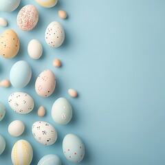Assorted Speckled Easter Eggs Scatter on Light Blue Surface