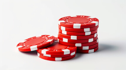 Isolated on white, a stack of red poker casino chips. Concept of gamble, gaming, casino, and poker.