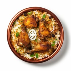 Biryani on a pot with chicken leg and steams with onion top view isolated on a white background