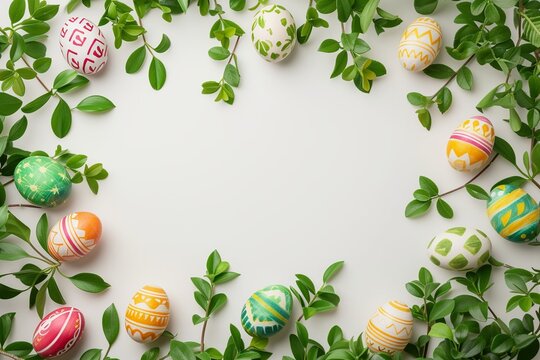 Colorful Easter Egg Border with Greenery on a Clean White Background