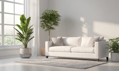 Bright living room with green indoor plants