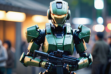 Humanoid robot, android dressed in camouflage uniform, firing automatic weapons.