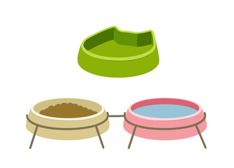 Pets goods set. Items from veterinary shop. Bowl with food and water for cats. Pack for care about domestic animals. Template and layout. Cartoon flat vector collection isolated on white background