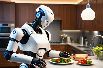 Humanoid robot, android, prepares dinner in the kitchen.