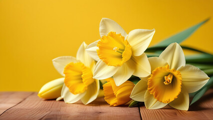 Fototapeta na wymiar Garden flowers of daffodil on yellow background.