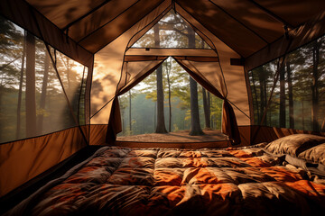 View of the woods from inside of a tent with sleeping bag