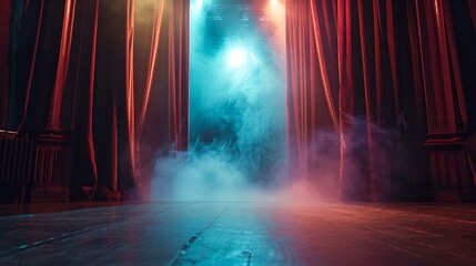 Mystical theater stage with glowing lights and fog. a magical performance venue awaits. surreal, atmospheric imagery. AI