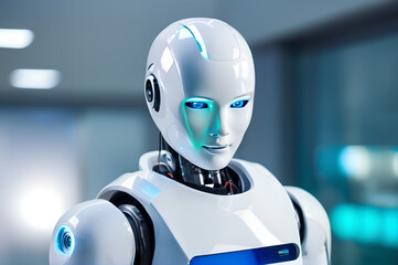 Humanoid robot, android, in medical uniform, heals a human.