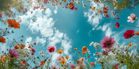 Fototapeta na wymiar Vibrant wildflowers and fluffy clouds against a clear blue sky, serene nature backdrop for relaxation and design projects. AI