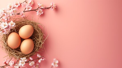 Soft Nest with Easter Eggs Surrounded by Delicate Cherry Blossoms on a Pastel Pink Background