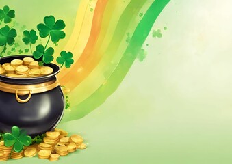 Banner with Shiny green hat, gold coins and clover leaves. St. Patrick's day concept