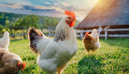 A cock, male chicken on the farm, grass field, funny