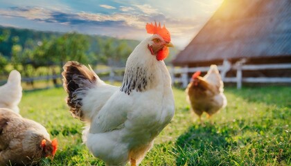 Fototapeta premium A cock, male chicken on the farm, grass field, funny