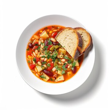 A plate of minestrone with bread top view  isolated on a white background