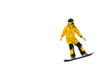 Snowboarding. Girl in yellow overalls rolling on snowboard. Png.