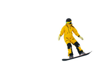 Snowboarding. Girl in yellow overalls rolling on snowboard. Png.