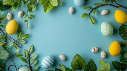 Serene Easter Composition with Pastel Eggs and Fresh Spring Greenery