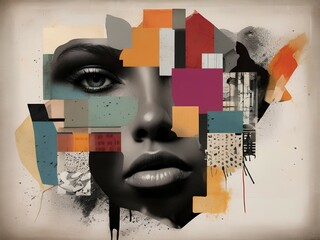 Modern collage with grunge elements and colorful textured shapes
