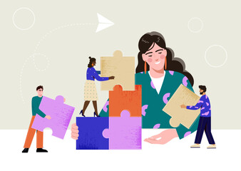People with puzzle concept. Woman with teamwork. Communication, collaboration and cooperation. Organizing efficient work process. Cartoon flat vector illustration isolated on yellow background
