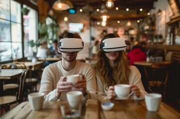 Couple in VR glasses in caffe