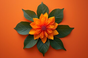 Floral mandala with green leaves on orange background. Indian religious festivals. Hindu New Year, Gudi Padwa, Diwali, Ugadi holidays. Design for banner, card, poster