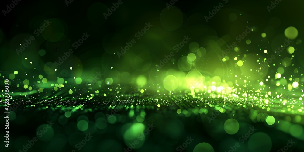 Poster abstract green lights sparkle on digital surface. futuristic techno backdrop. concept of energy, dat