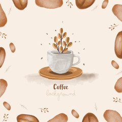 Coffee cup with coffee beans. Hand drawn watercolor illustration
