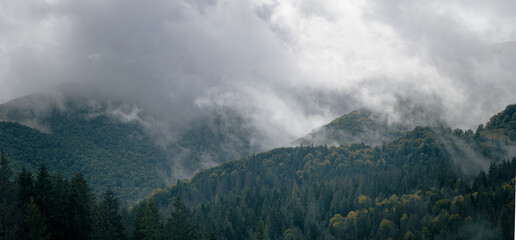 Clouds and fog over a mountain range of forest hills. Dramatic rainy weather. Carpathian mountains. Ukraine.