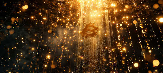 Fototapeta na wymiar A cascade of golden droplets descends from a decentralized fountain, with each droplet transforming into a Bitcoin symbol upon impact