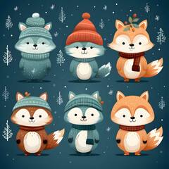 2D vector illustration, cute animals wearing christmas hats, repeating pattern, seamless