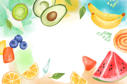 Watercolor background with fruits and vegetables. Hand drawn vector illustration