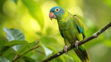 Keen-Eyed Blue-Naped Parrot on Slender Branch Amidst Verdant Foliage