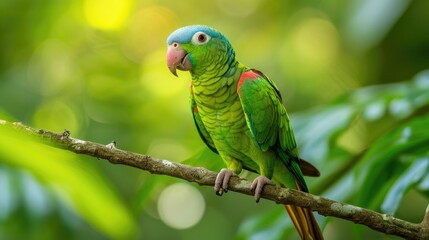 Obraz premium Keen-Eyed Blue-Naped Parrot on Slender Branch Amidst Verdant Foliage