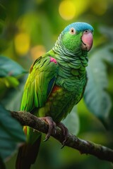 Blue-Naped Parrot with Emerald Feathers on Tree Branch in Rainforest