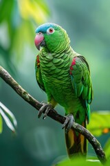 Obraz premium Keen-Eyed Blue-Naped Parrot on Slender Branch Amidst Verdant Foliage