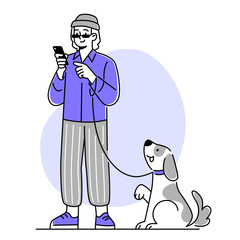 person with dog and holding smartphone