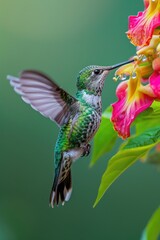 Hummingbird Feeding on Pink and Yellow Flower in Mid-Air Close-Up