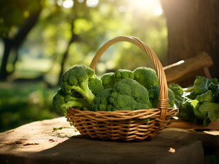 Green broccoli in wooden basket on wooden table, blurry background 