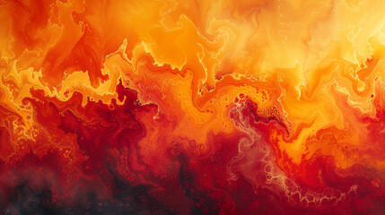 A bold and striking abstract painting on a marble slab with red, orange, and yellow colors, resembling a fiery sunset.  - obrazy, fototapety, plakaty